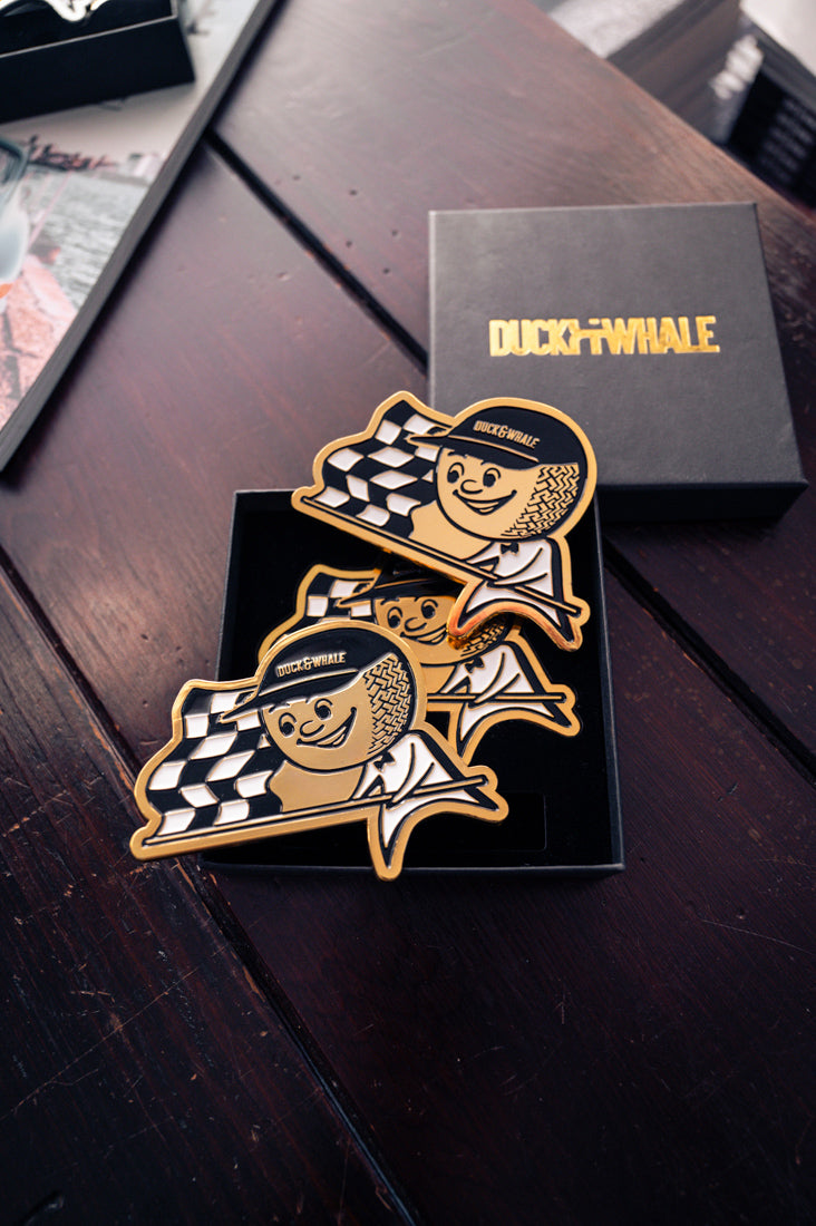 Grill Badge - NEW - Flagman Duck & Whale - Gold with Black & White