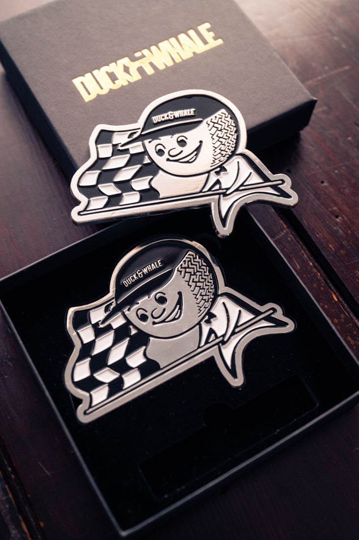 Grill Badge - NEW - Flagman Duck & Whale - Silver with Black & White