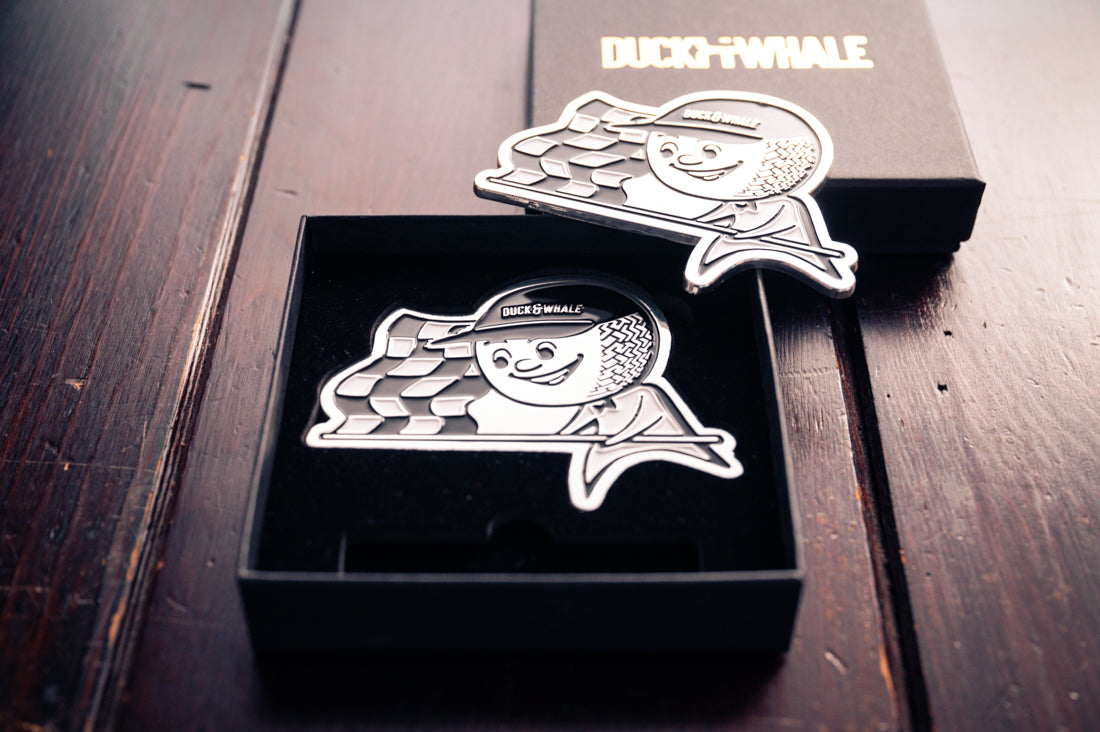 Grill Badge - NEW - Flagman Duck & Whale - Silver with Black & White