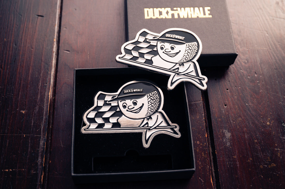 Grill Badge - NEW - Flagman Duck & Whale - Silver with Black & White