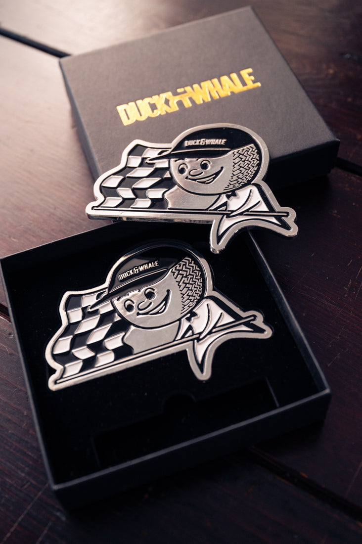 Grill Badge - NEW - Flagman Duck & Whale - Silver with Black & White