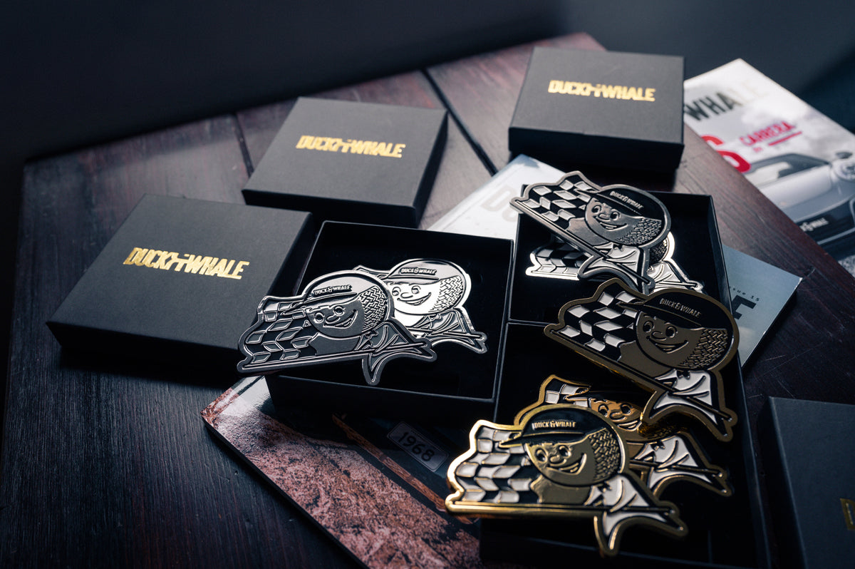 Grill Badge - NEW - Flagman Duck & Whale - Silver with Black & White