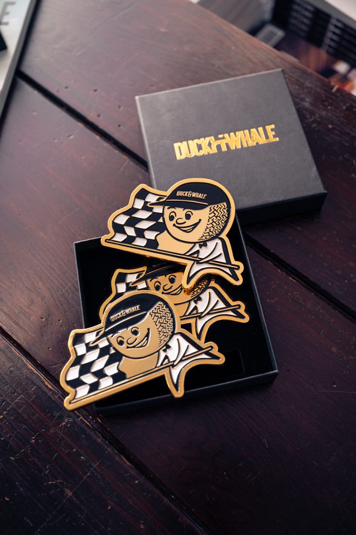 Grill Badge - NEW - Flagman Duck & Whale - Gold with Black & White