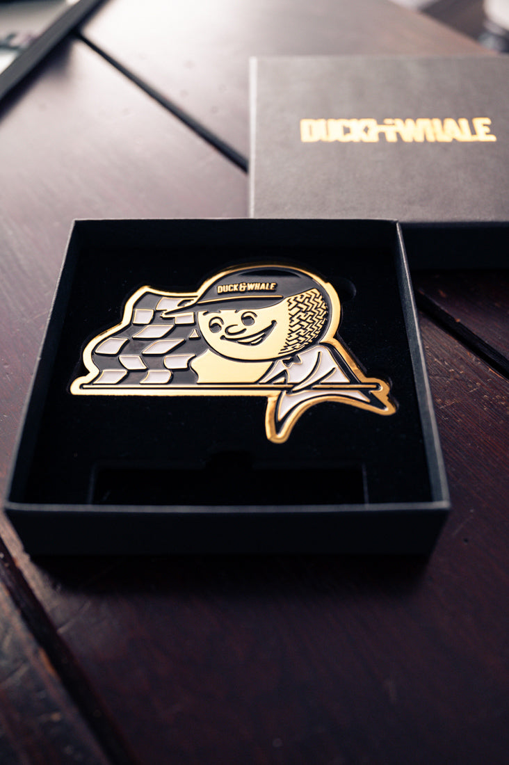 Grill Badge - NEW - Flagman Duck & Whale - Gold with Black & White