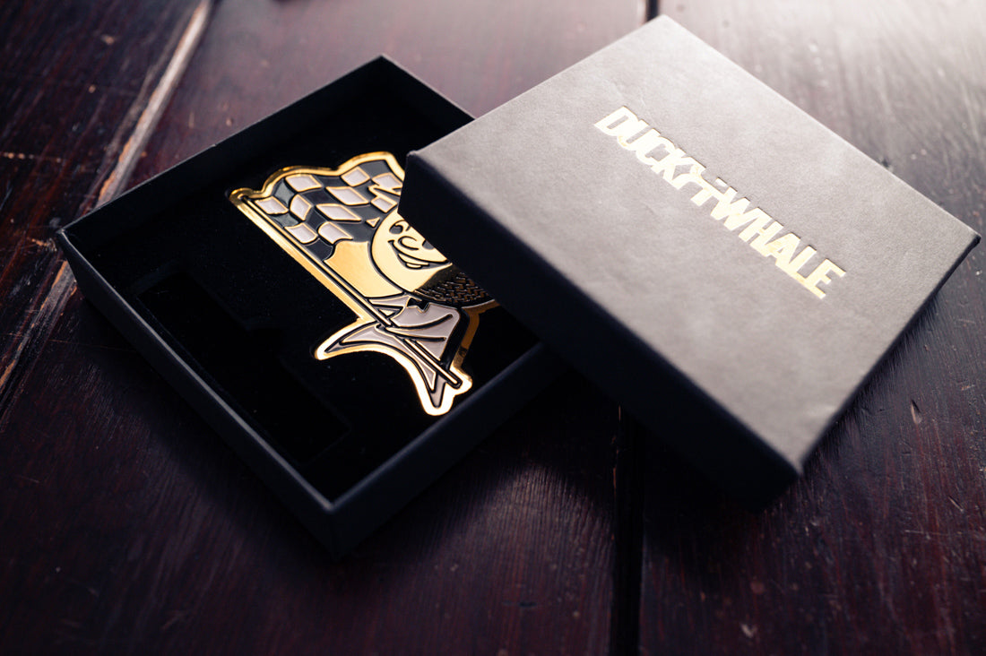 Grill Badge - NEW - Flagman Duck & Whale - Gold with Black & White